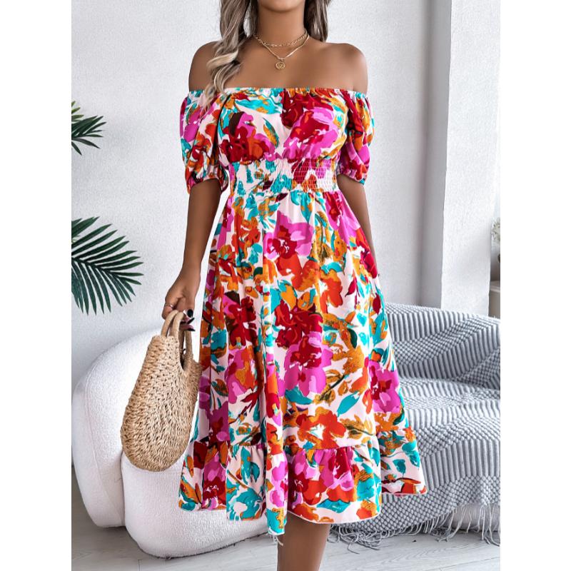 New Women's Floral Print Square Neck Dress, Short Sleeve A-Line Midi Dress with Ruffle Hem & Tie Waist for Spring Summer Casual Party & Daily Wear