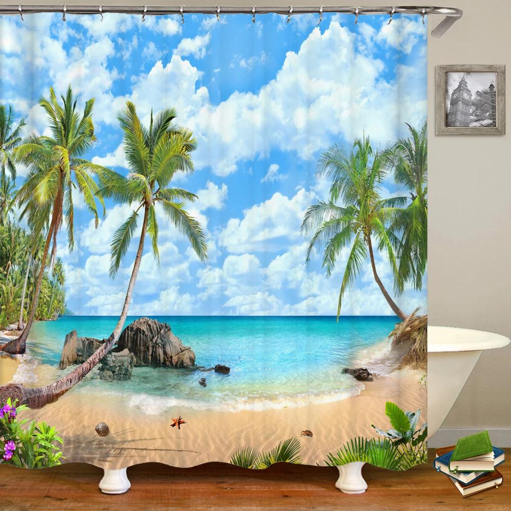 3D Window Opening Scenery Beach Landscape Printing Shower Curtain Washable Fabric Curtain Bathroom Decoration with Hook Curtain