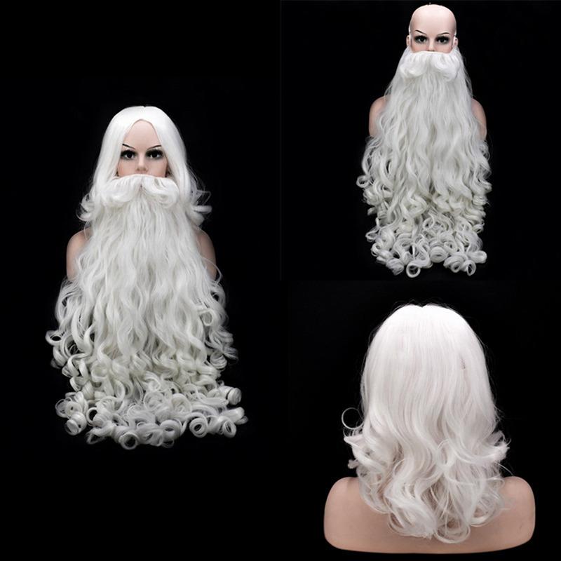 Santa Cosplay Santa Claus Wig and Beard Cosplay Wigs White Hairpiece Accessories Santa Beard 60cm For Christmas New Year Gift