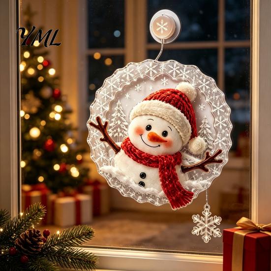 Party Atmosphere Light Christmas Suction Cup Window Light, Santa Claus Xmas Tree Warm Glow Home Decor Snowman Glass Ornament, Holiday Acrylic Hanging