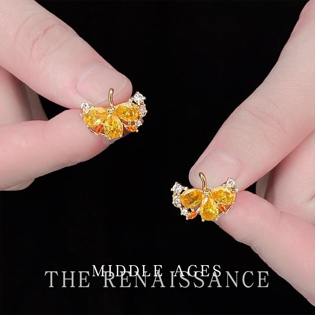 Auckland~ Medieval Full Zircon Ginkgo Biloba Earrings Maillard Earrings Literary Retro Earrings