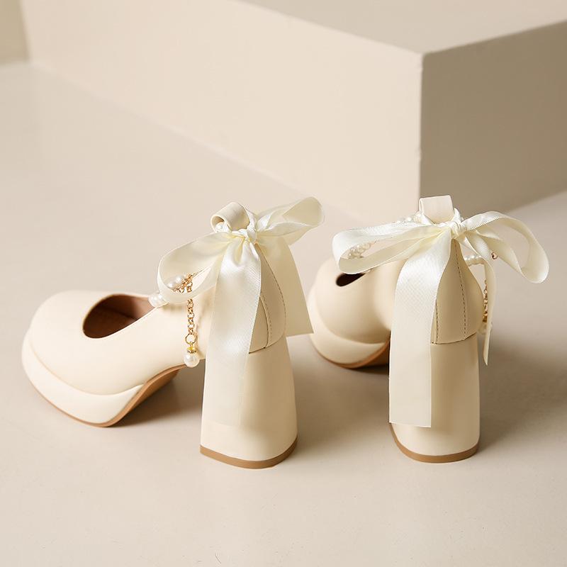 Mary Jane shoes women's spring 2025 new bow pearl one-word strap high heels fairy style thick heel single shoes
