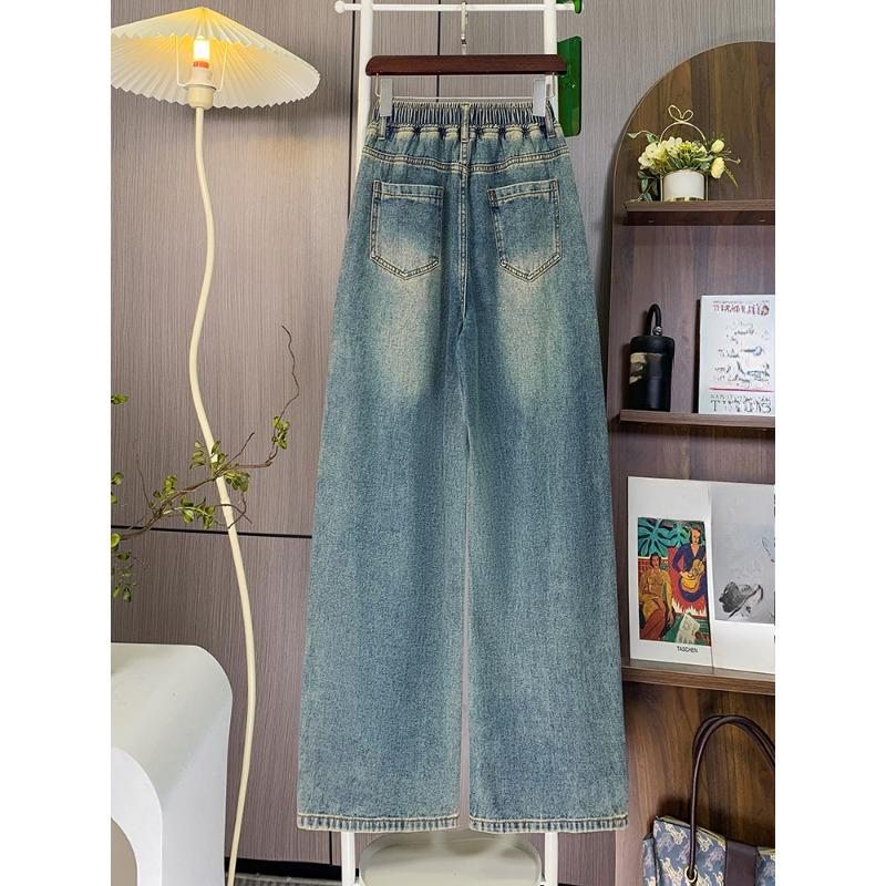 DIMANAF 2025 Plus Size Autumn Blue Basic Elastic Jeans New Pants Women Loose Denim Wide-leg pants Big Casual Pants 6XL