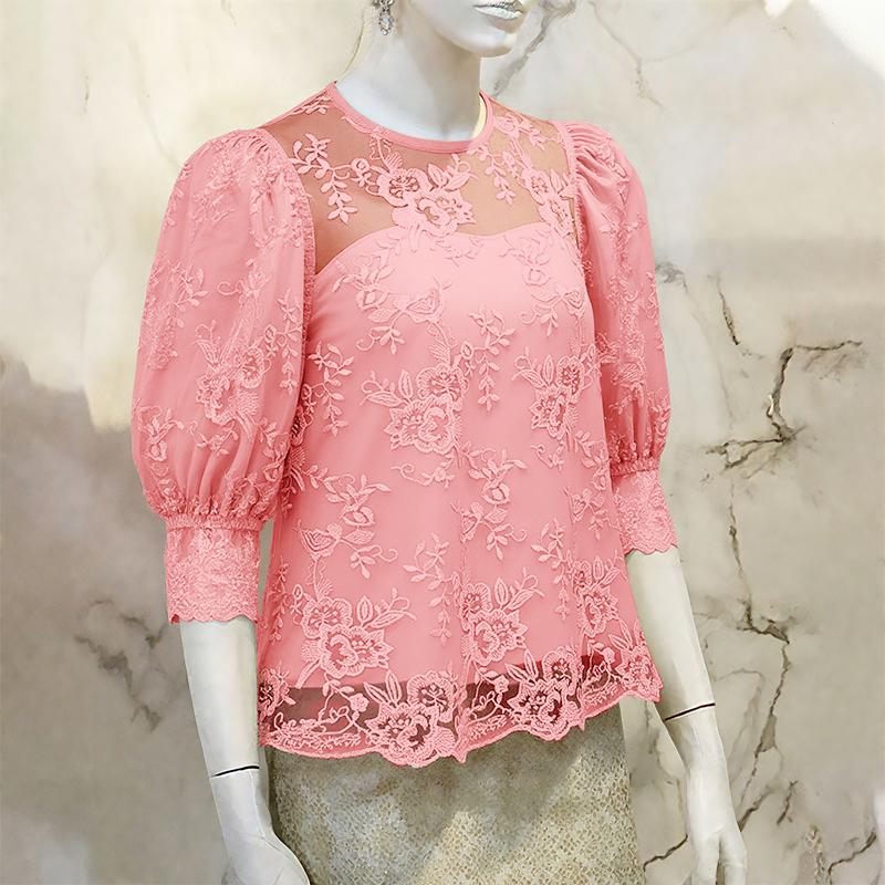 

ZANZEA Women Casual Round Neck Lace 3/4 Sleeve Patchwork Blouse M рожевий