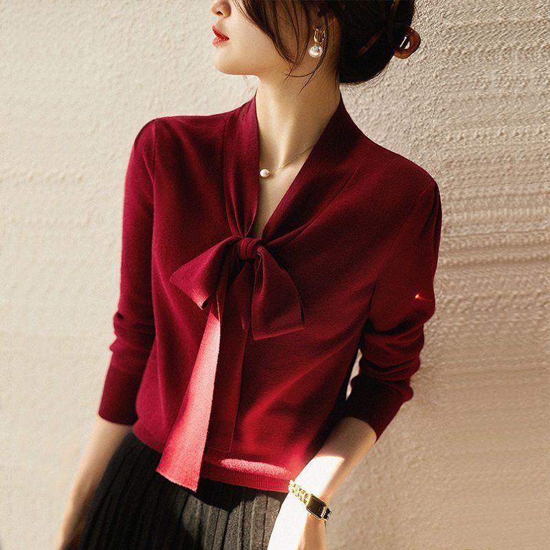 Autumn Winter Solid Color Bow Lace Up Sweater Ladies Loose Casual All-match Knitting Pullover Top Women Elegant Fashion Jumpers