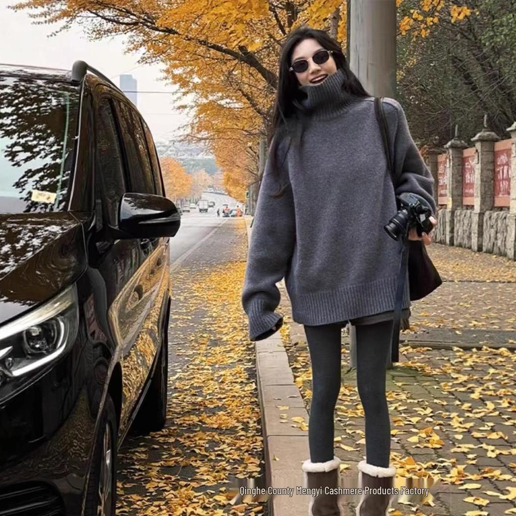 Women's Grey Pure Wool Turtleneck Sweater - High-Quality, Thickened Knit for Autumn/Winter, Loose Fit