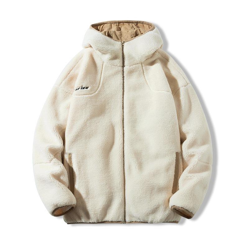 Cotton-padded Men's Winter Lamb Wool Coat Men's Letter Fleece Thickened Loose Lamb Fleece Hooded Plush Cotton Suit Tide