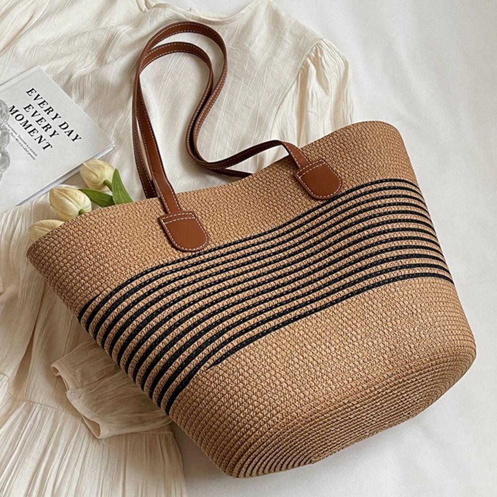 

Женская сумка на плечо с застежкой-молнией в полоску, тканая модная большая сумка, большая вместительная летняя повседневная сумка, однотонная для покупок и работы хаки