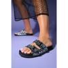 Crystal Embellishment Genuine Leather Double Belt Women's Slippers