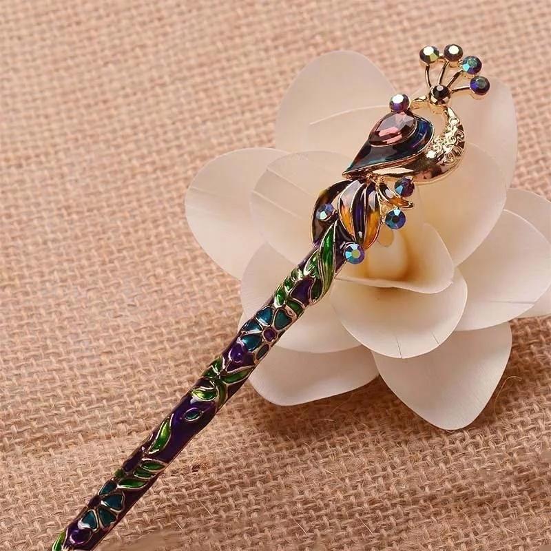 Retro Women Enamel Crystal Peacock Hair Stick Pin Chinese Style Handmade Accessories Ladies Gentle and Elegant Jewelry Headwear