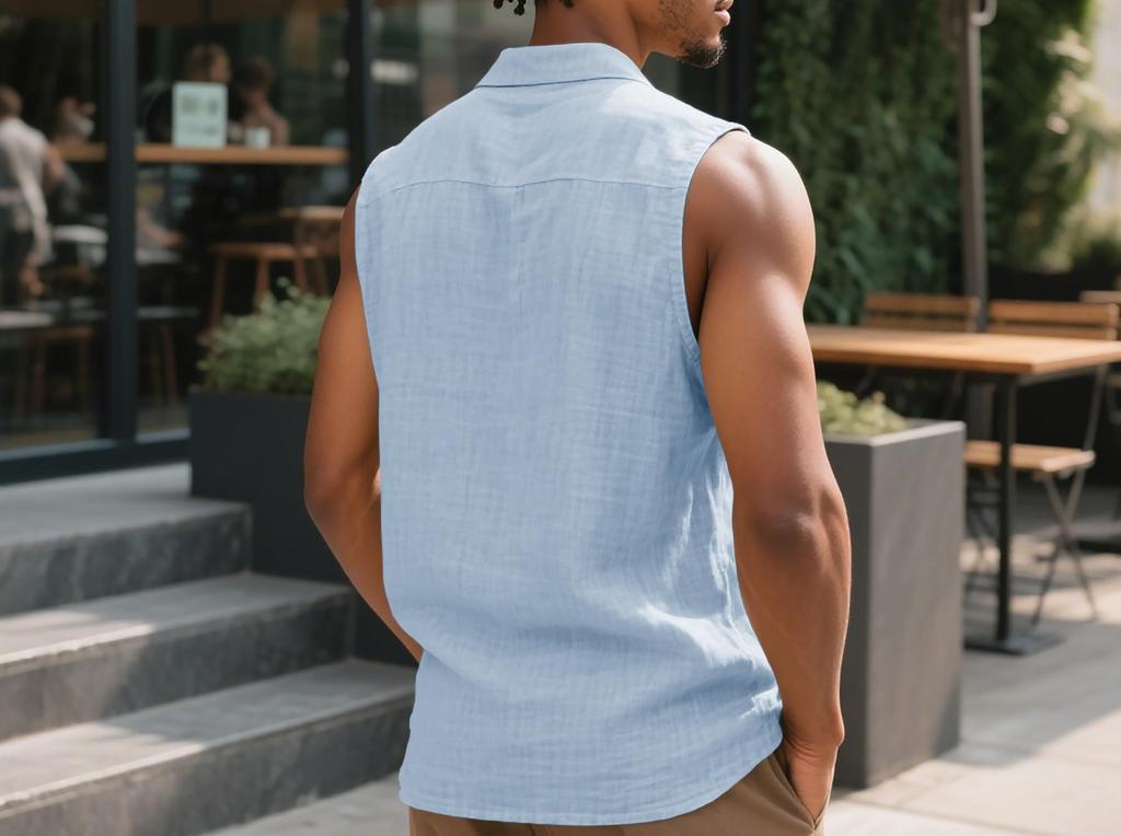 Camicia da uomo casual europea senza maniche in lino con bavero