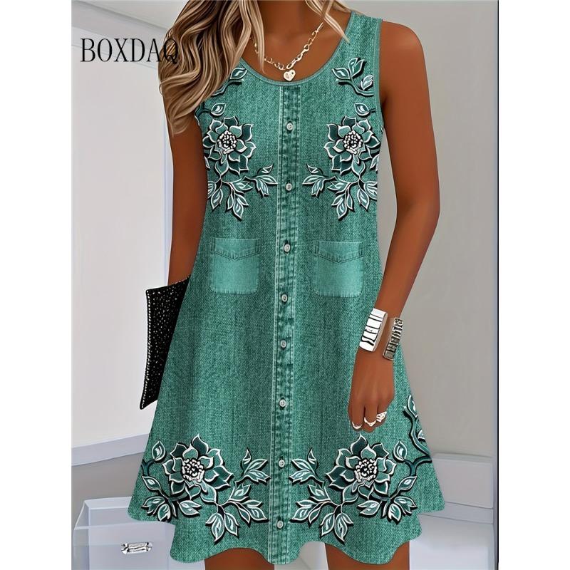 Women Summer Sleeveless Bohemian Dress Fashion Imitate Cowboy Vest Flowers Print Dress Casual Tank Beach Dresses