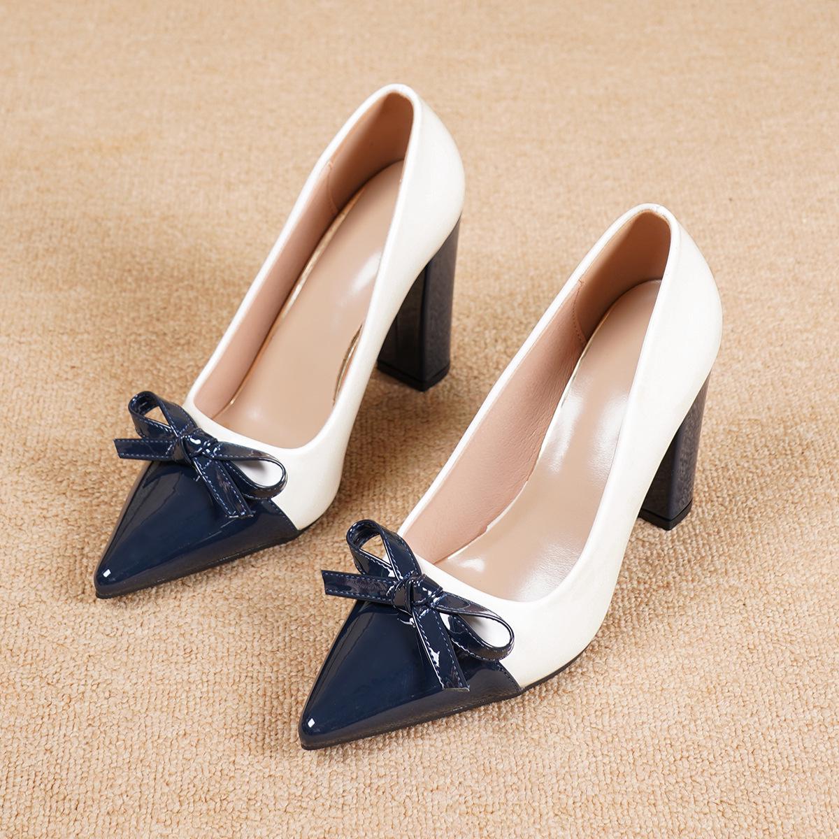 Women s Patent Leather Pointed Toe Chunky Heel High Heels with Bow, Plus Size 38