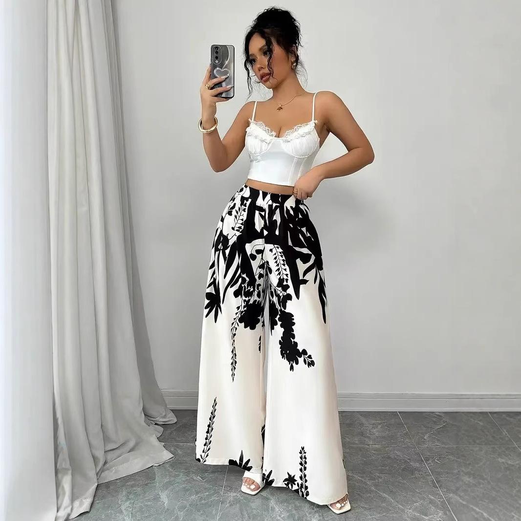 Women s Fashion Printed Lace-up Waist Slimming Casual Trousers for Women S белый