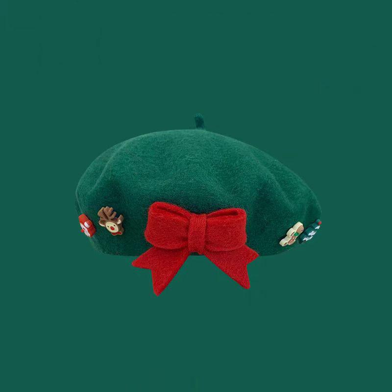 Unisex Winter Character Christmas Bow Beret New Fashion Korean Style Wool Artist Hat Sweet Holiday Red Trendy