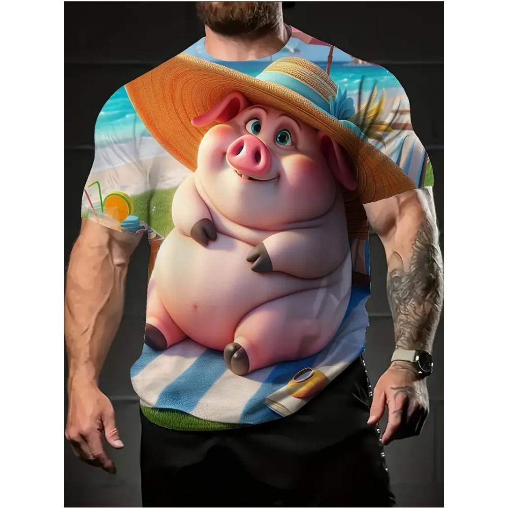 Herren Lustiges Schwein T-Shirt Niedliche Cartoon 3D Druck Kurzarm für Mann Rundhals T-Shirts Polyester Oberteile Outdoor Schnelltrocknend Herrenbekleidung