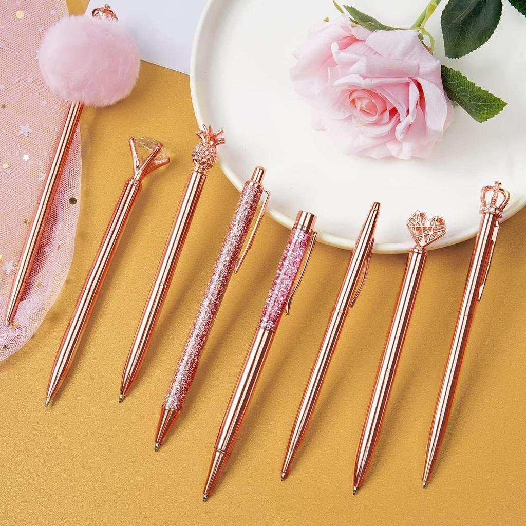 WEMATE Ballpoint Pen Blue Black Sparkly and Cute Metal Diamond Gift for Office Use Rose Gold 8-Piece Oil-Based Set, 0.5mm & Ink, - Pen, Women,