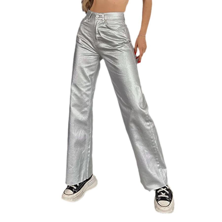 

Spring/Autumn Pocket Loose Wide Leg Retro Straight Leg Gold Silver Pants Women s Trousers XL срібний