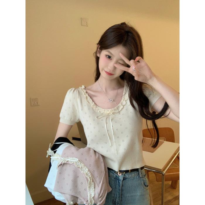 2024 Summer Lace Bow Knitted Short Sleeve T-Shirt - Women's Slim Fit Sweet Student Top