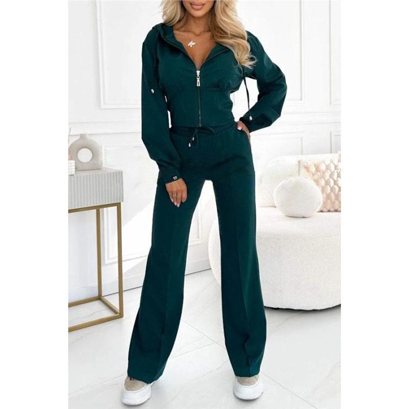 2025 Autumn/Winter European & American Solid Color Hooded Zip-Up Top and Wide-Leg Pants Set