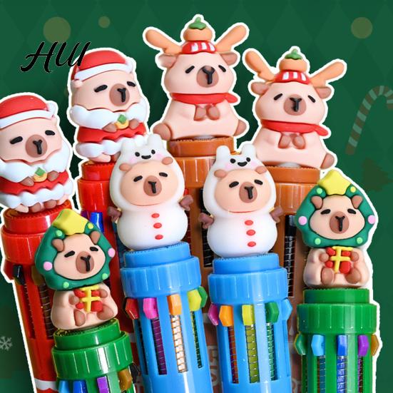 Colorful Retractable Pen Christmas Capybara Ballpoint 10 Color Cartoon Smooth Elk Snowmen Tree Multi-color Writing Festive Stationery Gift for