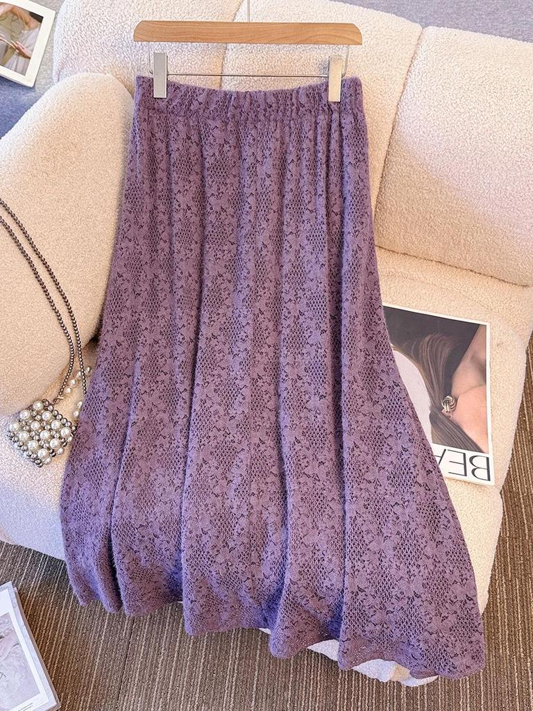 Plus Size Women's Elegant Purple Lace Top & Skirt Set for Spring/Autumn (130-300 Jin)