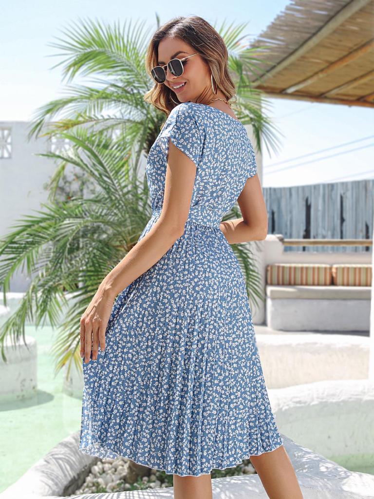 2023 Spring/Summer Women's Floral Tie-Up Dress with Pleated Skirt - European & American Style, Short-Sleeved, Casual
