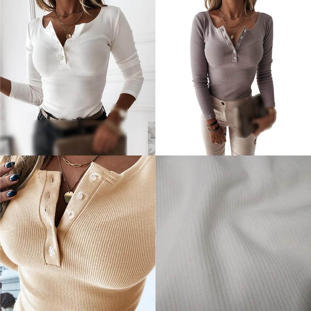 Fashionable Ladies Long Sleeve V Neck Button T Shirt Tee In Solid Colors For Casual Outfits