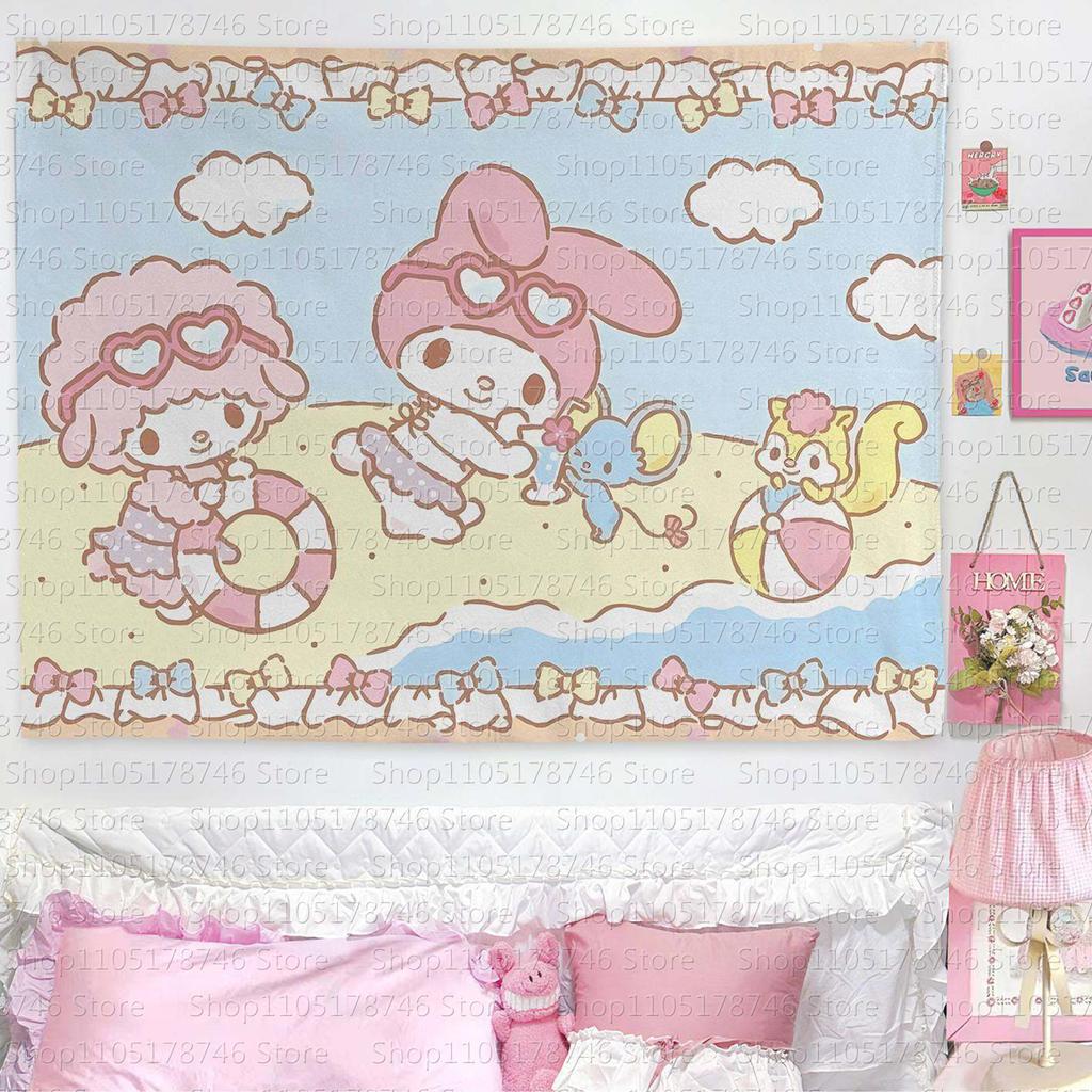 Sanrio Melody and Sweetheart Piano Printed Tapestry Cartoon Theme Bedroom Decoration Suitable for Dormitory Home Decoration