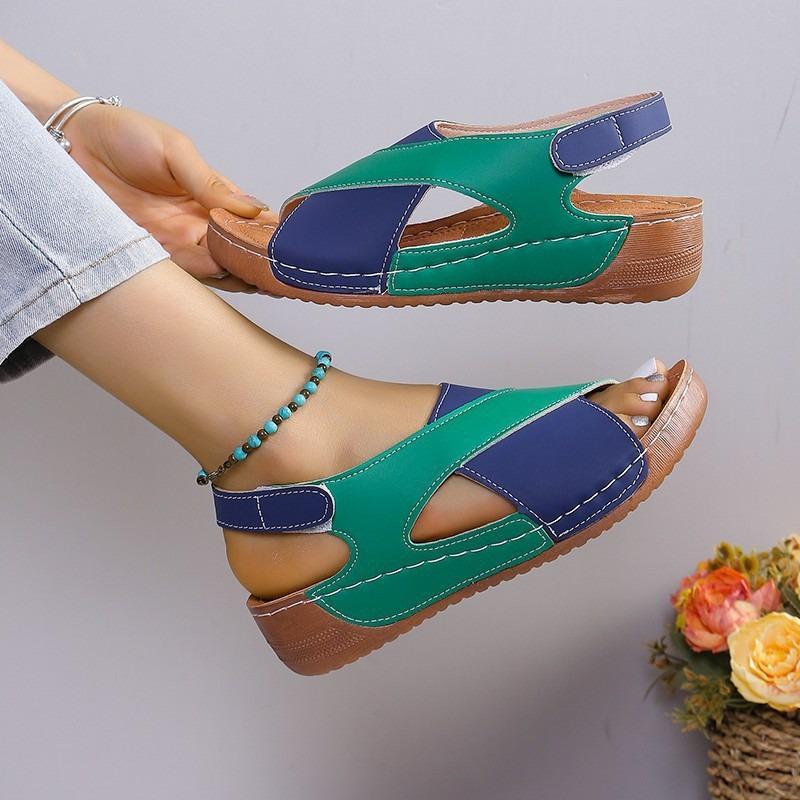 Thick-soled Color Matching Sandals Women's Muffin Bottom Velcro Open-toed Beach Cool Slippers Wish