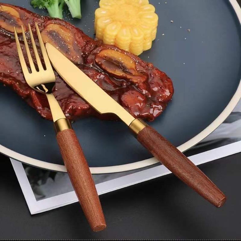 Four-piece Set of 304 Stainless Steel Knives Forks and Spoons with Limu Handles and Titanium-plated Metal Tableware