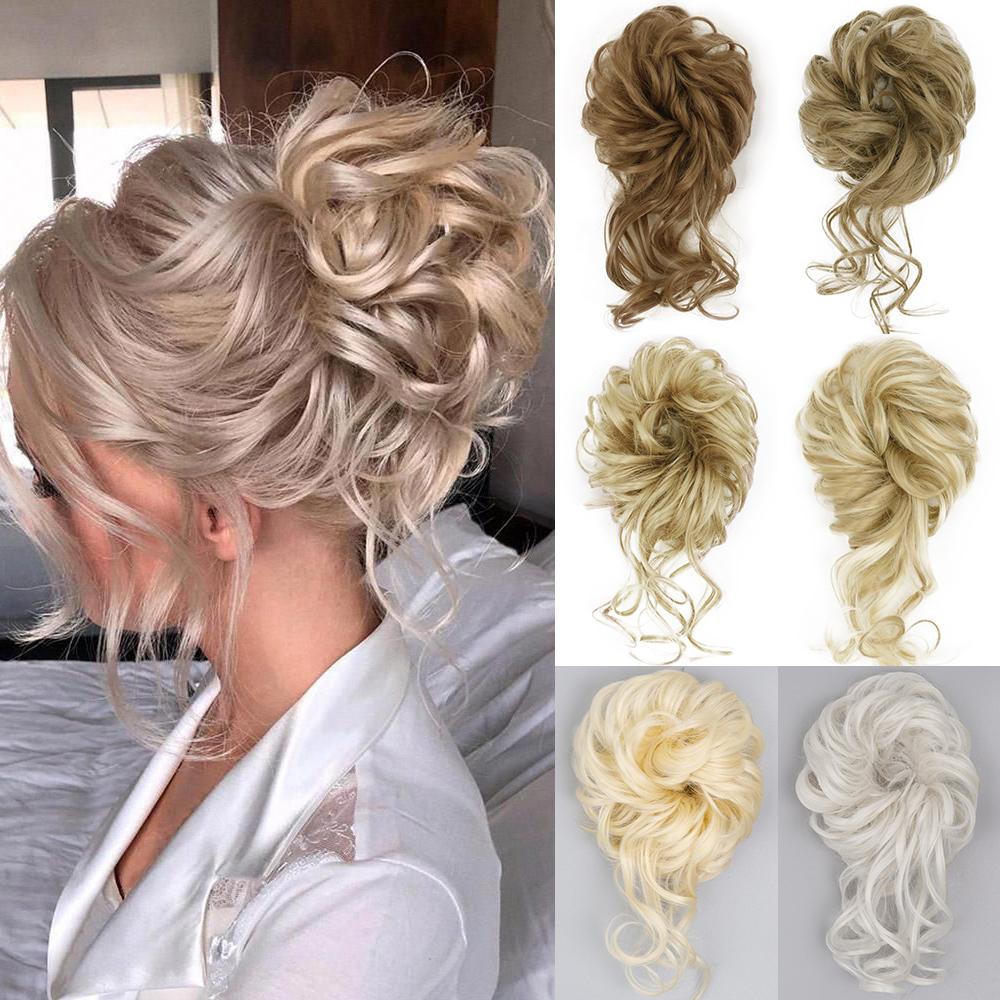 Estensioni per capelli sintetici Chignon riccio disordinato Chignon elastico a ciambella marrone biondo per donna