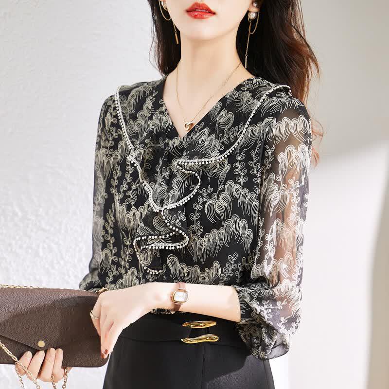Elegant Floral V-Neck Chiffon Long Sleeve Blouse M