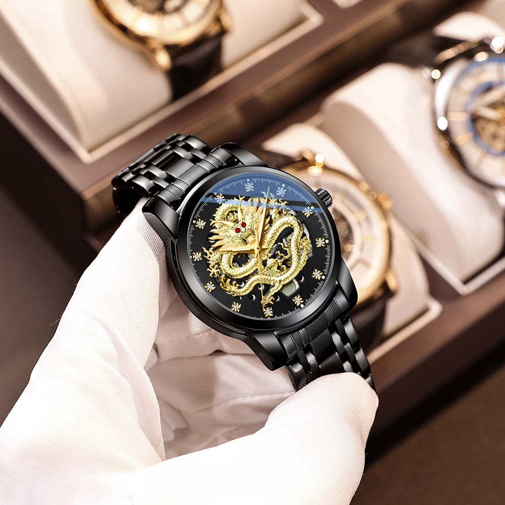 CHENXI Fully Automatic Mechanical Watch Embossed Golden Dragon Skeleton Design Waterproof Chinese Dragon Fashion Men's Watch