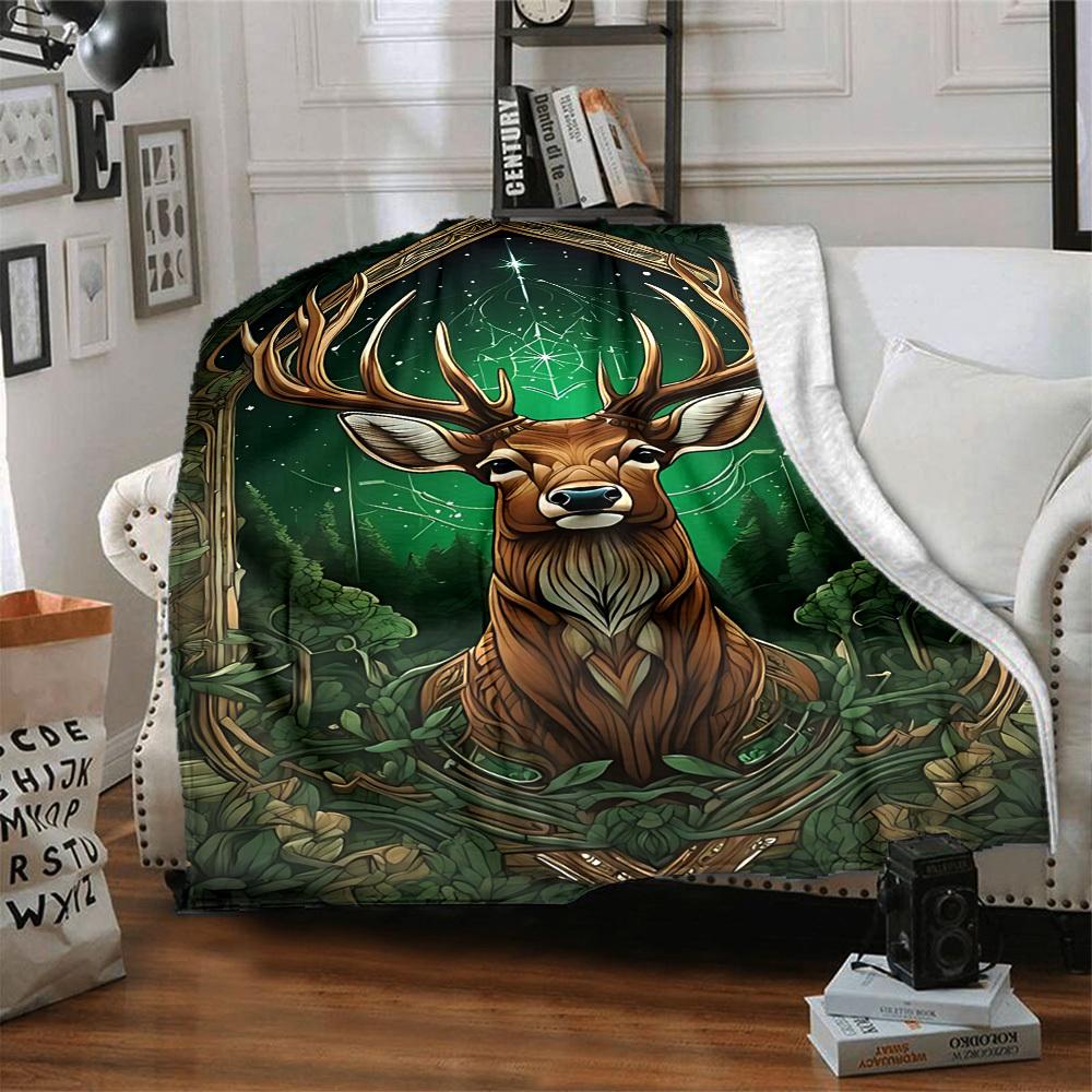 1pc Mystical Deer Print Flannel Blanket [Cozy Throw Blanket] For Sofa, Bed, Travel, Camping, Livingroom, Office, Couch, Chair, And Bed