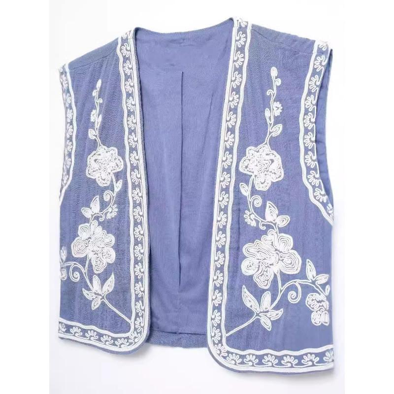 2024 Vintage květinová výšivka Barevný blok Vesta – Jarní bezrukávový top s otevřeným předním dílem