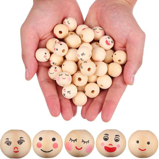 COHEALI 100pcs Smiling Face Wooden Beads Wood Spacer Beads Loose Bead 20mm Painted Wooden Beads for DIY Bracelet Necklace Jewelry Making Hair Crafts