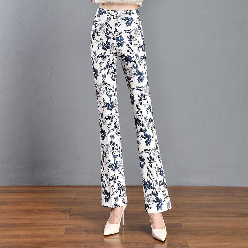 Green Floral Micro-Flare Pants - Autumn/Winter 2024 Body-Shaping Elastic Women's Long Pants