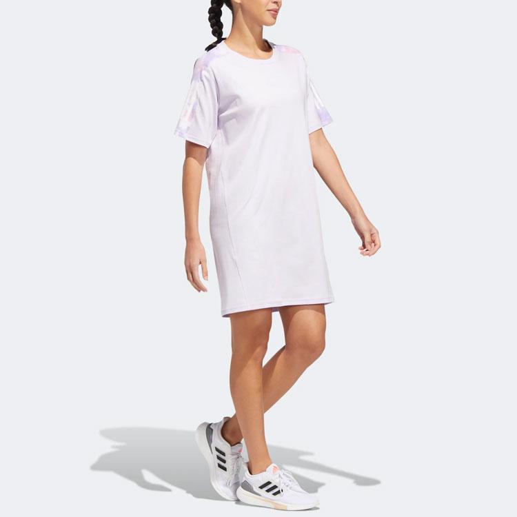 Adidas Long Tee with Alphabet Logo Print Sports Short Sleeve Dress Women Dress Light-Purple HF2478