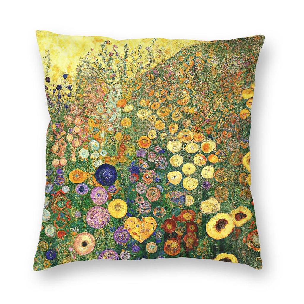 Gustav Klimt Blumengarten Quadratische Kissenhülle Polyester Leinen Samt Bedruckt Reißverschluss Dekoration Wurfkissenhülle Sofakissenbezug