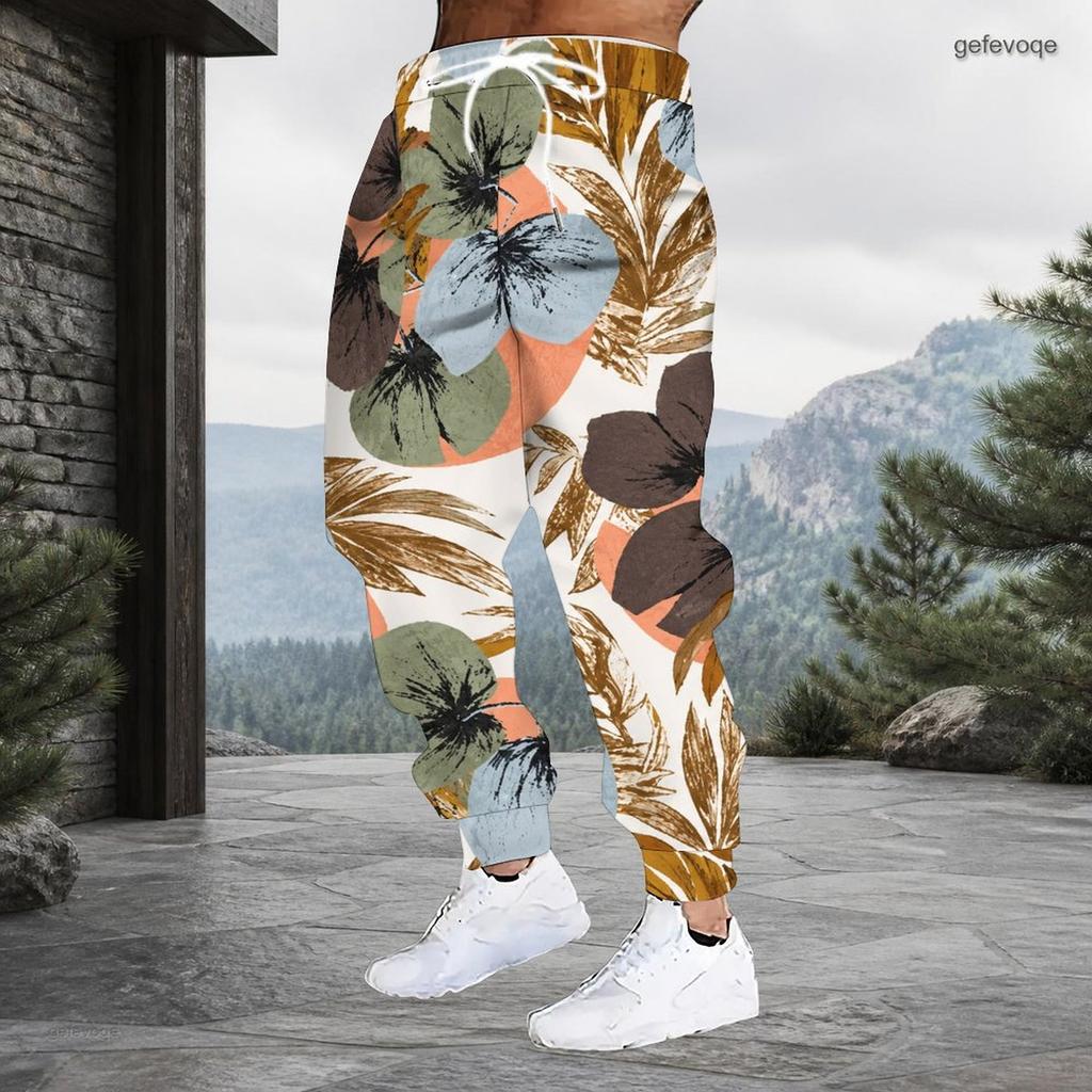 Men Plus Size Colorful Floral Printed Drawstring Cuffed Ankle Jogger Pants With Side Pockets