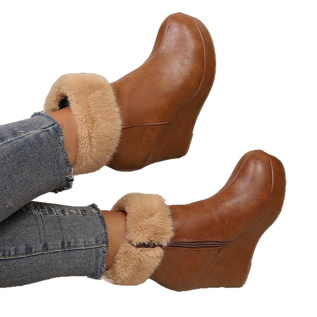 Autumn 2025 Plus Size Faux Fur High-Heeled Women's Boots with European & American Style Thick Soles