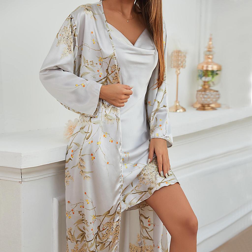 Women's Four Seasons Tie-Up Robe & Nightgown Set - Thin, Mid-Length Pajamas