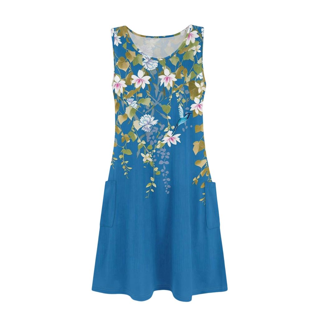 Damska letnia sukienka na co dzień z kieszeniami letnia sukienka plażowa Boho kwiatowe bluzki dla kobiet t-shirty sukienka V Neck luźne sukienki bez rękawów