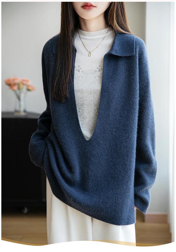 Women's POIO Collar Wool Sweater: Casual, Autumn/Winter, Long Sleeve, Loose, Slimming, Versatile Knit Pullover.