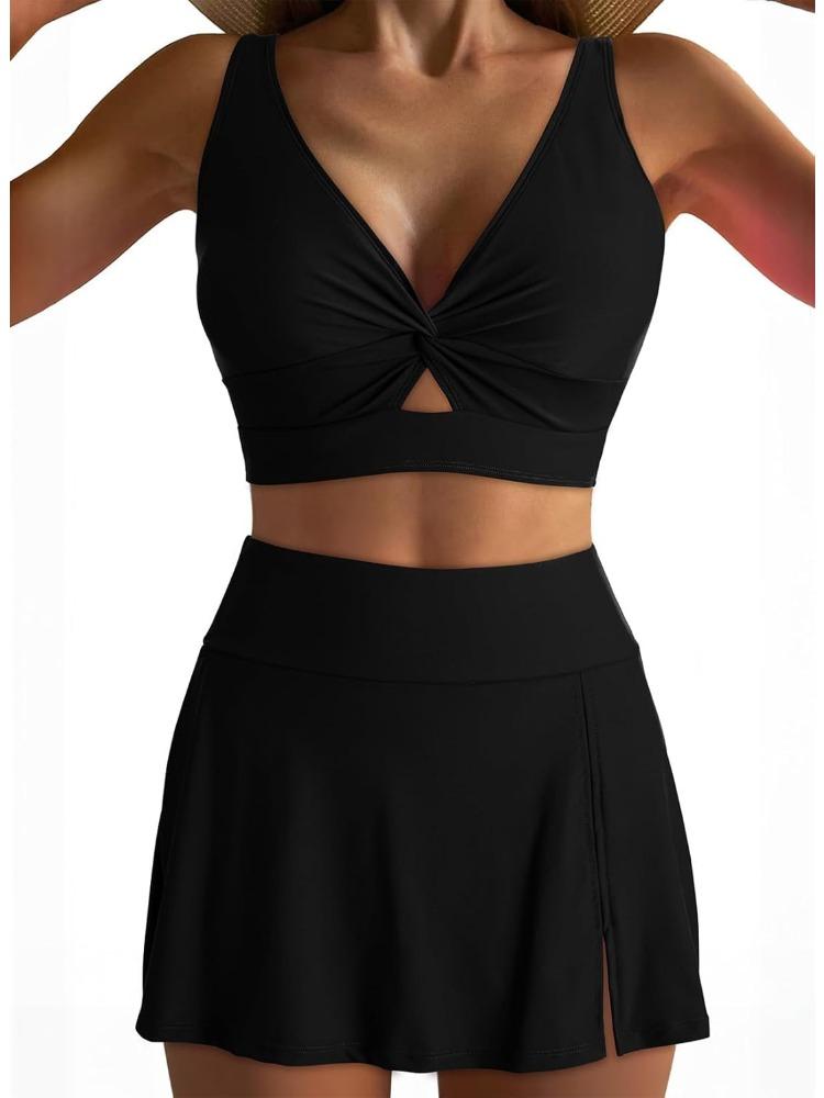 

Solid Push Up High Waist Skort Sexy Two Piece Bikini Set Elegant Slimming S