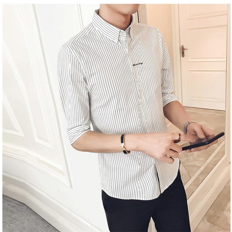 2024 New Summer Fashion Korean Version Trendy Lapel Stripes Casual and Handsome Slim Fit Men's Quarter Sleeved Shirt Shirt