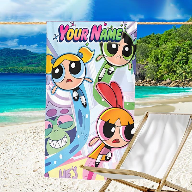 1pc Powerpuff Beach Towel with Custom Name, Beach and Seaside Swimming Pool Equipment, Fashion Pattern, Rectangular, Travel Essential