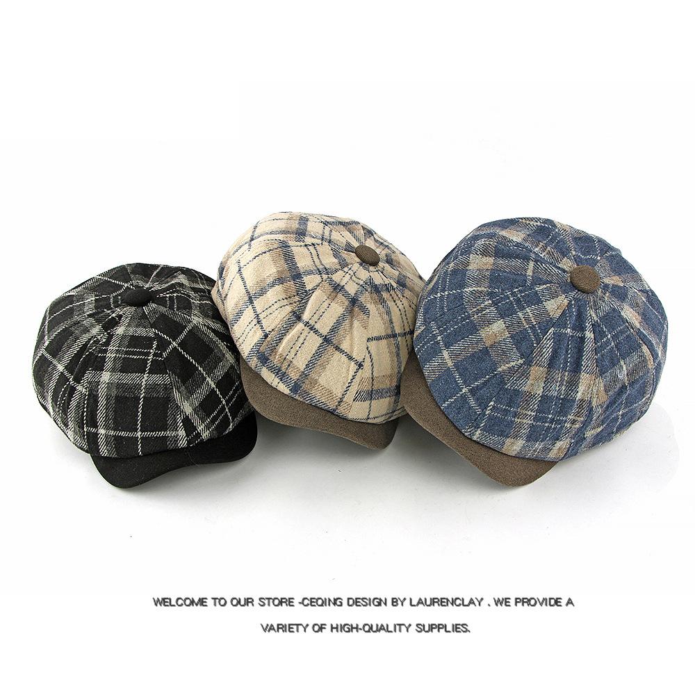 Autumn Winter Velvet Warm Cap Men Octagonal Cap British Vintage Plaid Cap Newsboy Cap