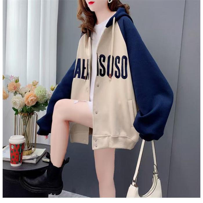 

Korean-American Retro Lettering Hooded Sweatshirt for Women - Autumn 2025 Trendy Loose Casual Cardigan Jacket L синий